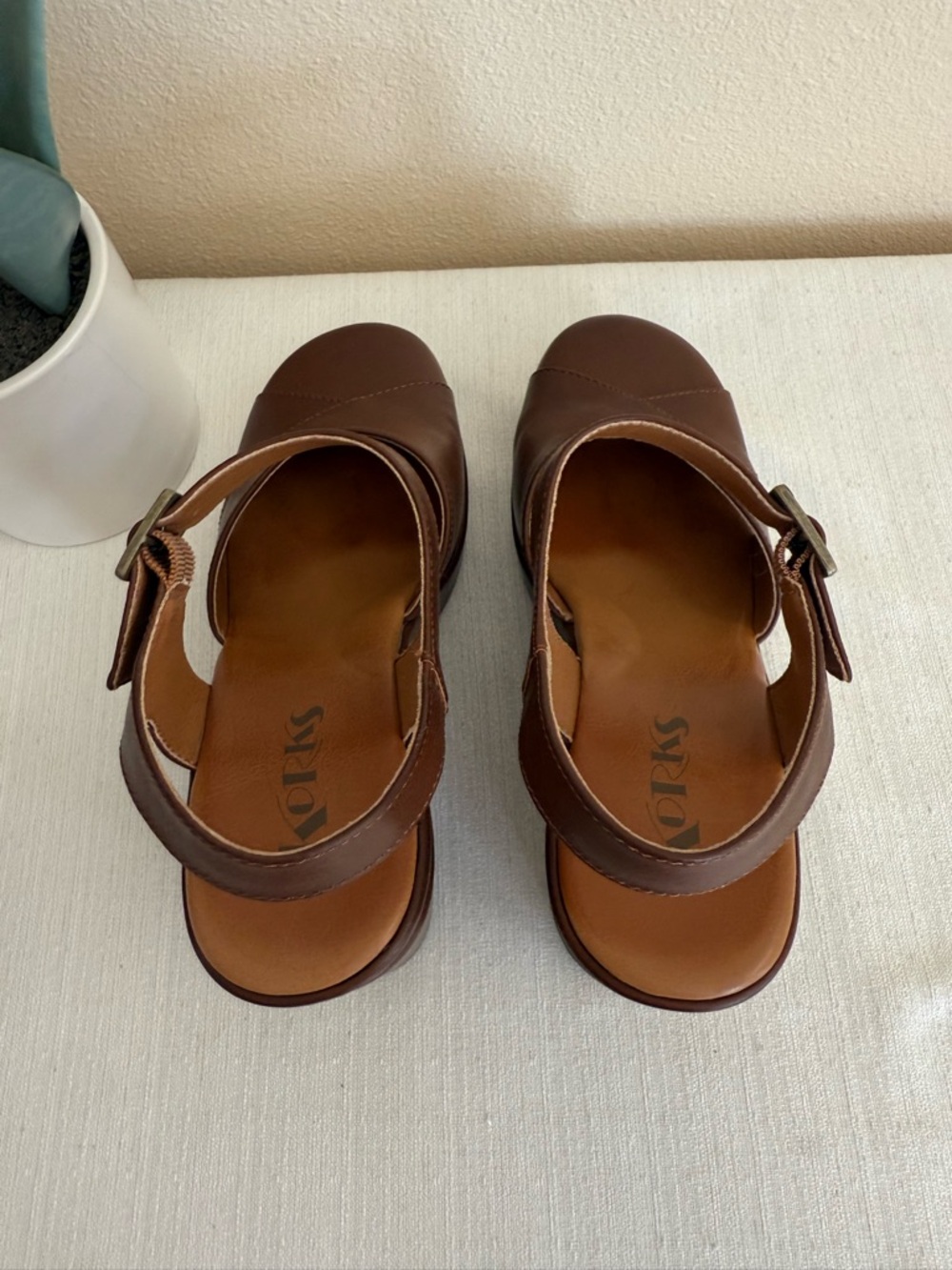 New Korks Brown Faux Leather Wedge Sandals with Ankle Strap - Picture 9 of 11